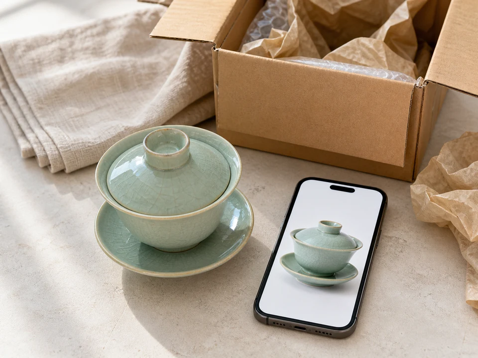 A celadon qingci gaiwan beside a clear reference image and carefully opened parcel