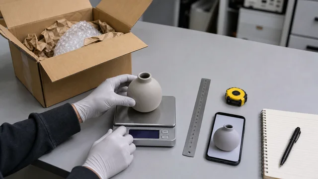 A practical item check at a clean workbench with a parcel, item photos, weight, and measurements